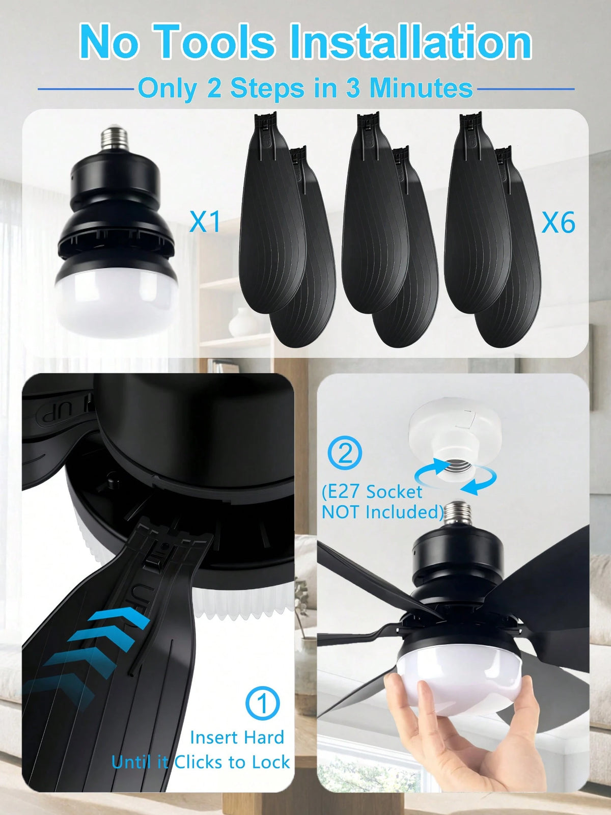 20.5" 40W Socket Fan Light, 3000K-6500K & 3 Quiet Speed, 1/2/4H Timer & Night Light, E27 Remote-Control Fan For Garages, Kitchens, Living Rooms, Tool Shops (White/Black)