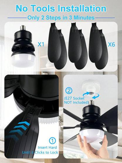 20.5" 40W Socket Fan Light, 3000K-6500K & 3 Quiet Speed, 1/2/4H Timer & Night Light, E27 Remote-Control Fan For Garages, Kitchens, Living Rooms, Tool Shops (White/Black)