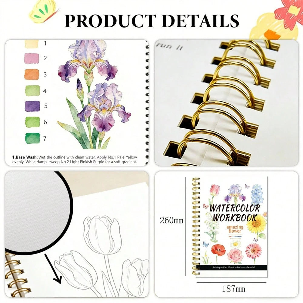 200/300gsm Watercolor Sketchbook With Beautiful Floral Line Drawings, Bound Watercolor Album For Adult Beginners Practice
