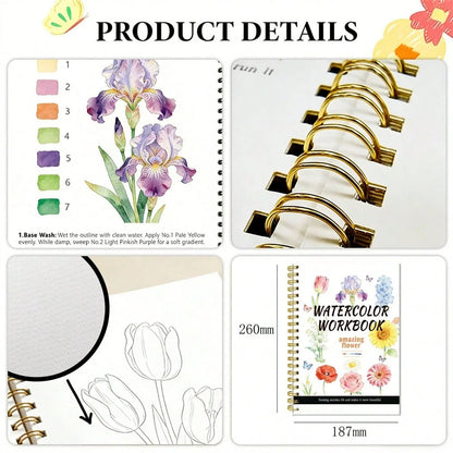200/300gsm Watercolor Sketchbook With Beautiful Floral Line Drawings, Bound Watercolor Album For Adult Beginners Practice