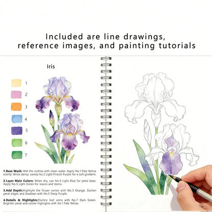 200/300gsm Watercolor Sketchbook With Beautiful Floral Line Drawings, Bound Watercolor Album For Adult Beginners Practice