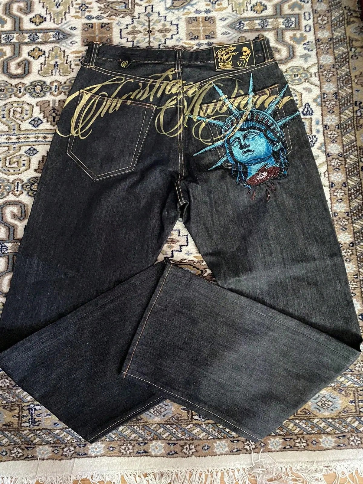 2000s Y2K Statue Of Liberty Diamond Print High Waist Straight Wide Leg Denim Pants Women Casual Harajuku Vintage Streetwear Jeans