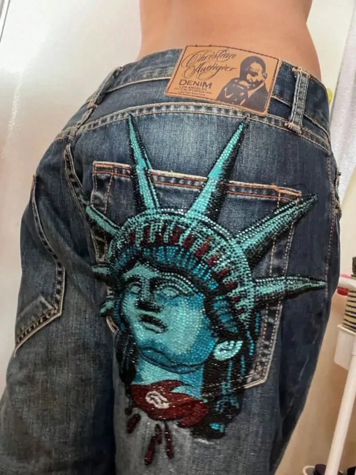 2000s Y2K Statue Of Liberty Diamond Print High Waist Straight Wide Leg Denim Pants Women Casual Harajuku Vintage Streetwear Jeans