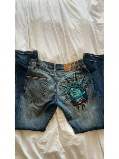 2000s Y2K Statue Of Liberty Diamond Print High Waist Straight Wide Leg Denim Pants Women Casual Harajuku Vintage Streetwear Jeans