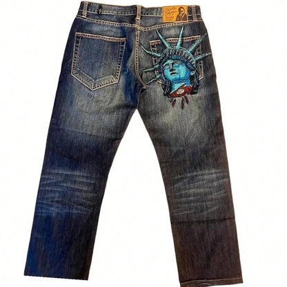 2000s Y2K Statue Of Liberty Diamond Print High Waist Straight Wide Leg Denim Pants Women Casual Harajuku Vintage Streetwear Jeans