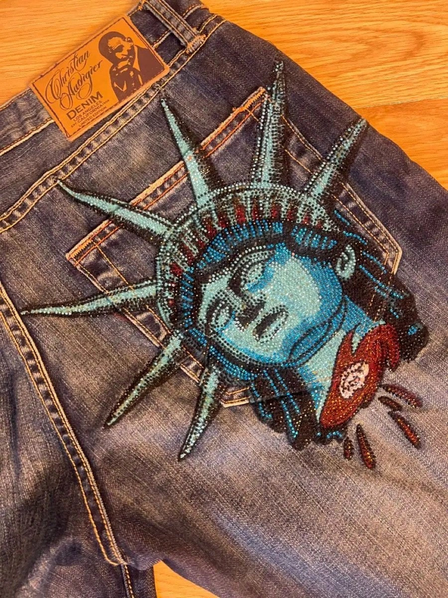 2000s Y2K Statue Of Liberty Diamond Print High Waist Straight Wide Leg Denim Pants Women Casual Harajuku Vintage Streetwear Jeans