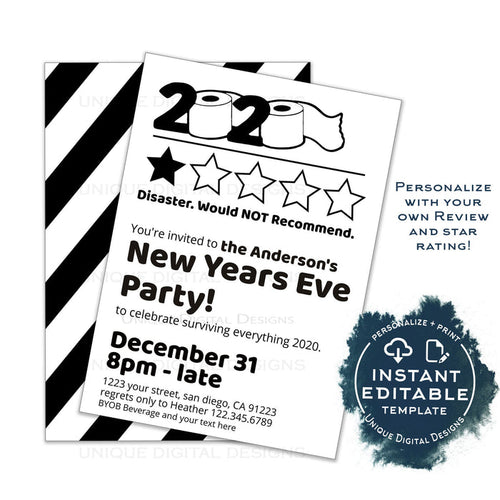 2020 Would Not Recommend Invitation, Editable New Years Eve Party Invite, Bad Star Review