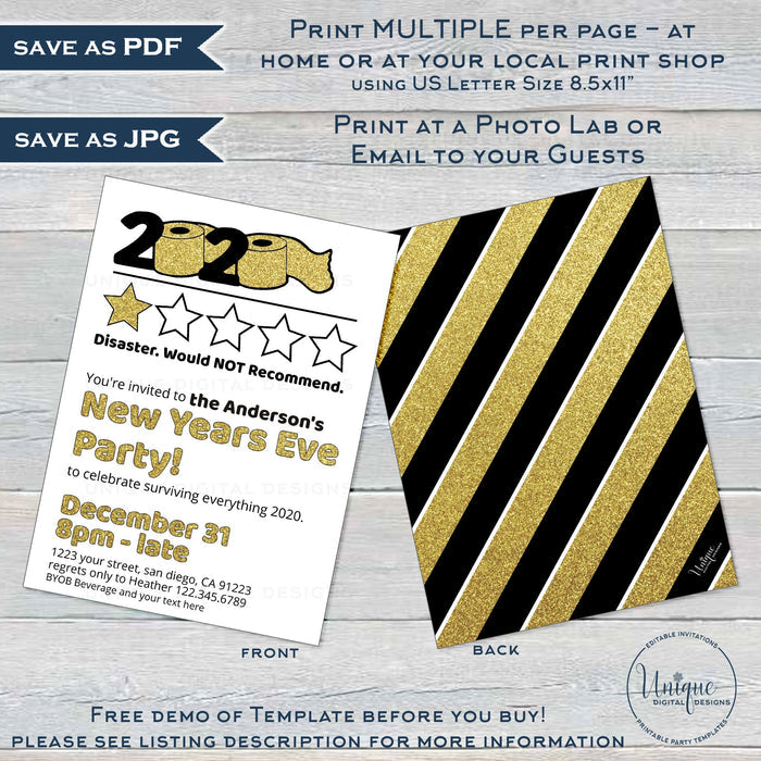 2020 Would Not Recommend Invitation, Editable New Years Eve Party Invite, Bad Star Review