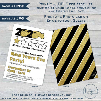 2020 Would Not Recommend Invitation, Editable New Years Eve Party Invite, Bad Star Review