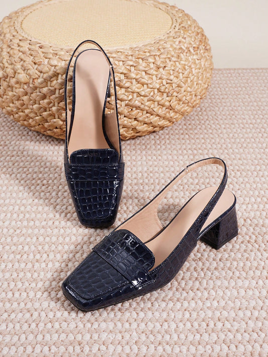 2025 New French Strap Chunky High Heel Closed Toe Sandals, Women Summer/Autumn Square Toe Backless Mid-Heel Shoes