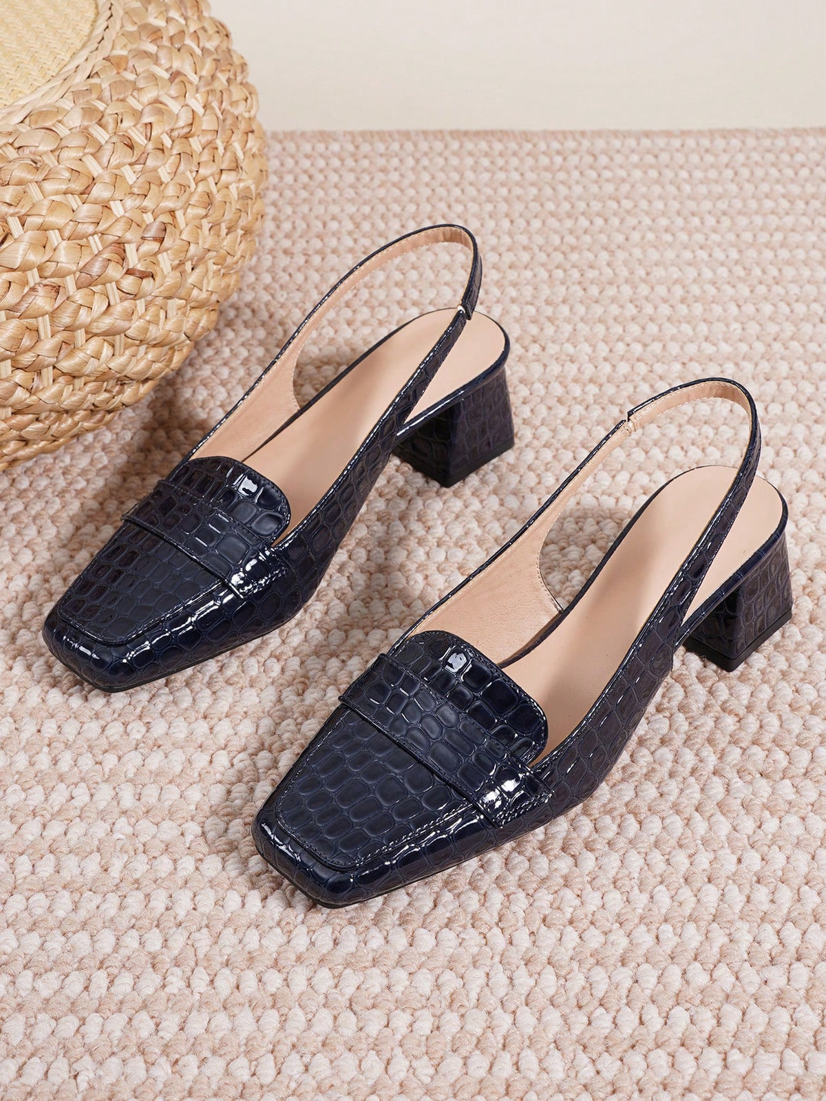 2025 New French Strap Chunky High Heel Closed Toe Sandals, Women Summer/Autumn Square Toe Backless Mid-Heel Shoes
