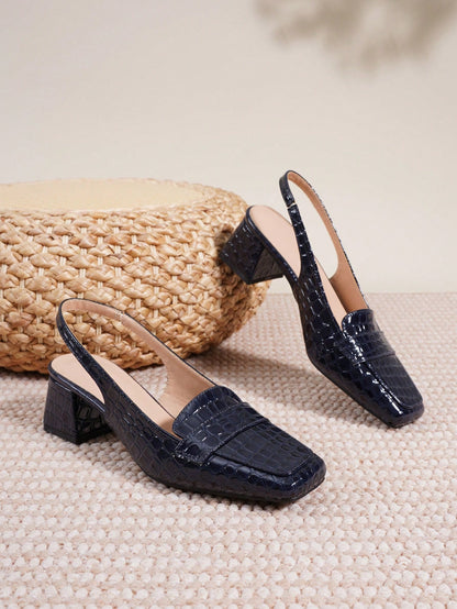 2025 New French Strap Chunky High Heel Closed Toe Sandals, Women Summer/Autumn Square Toe Backless Mid-Heel Shoes