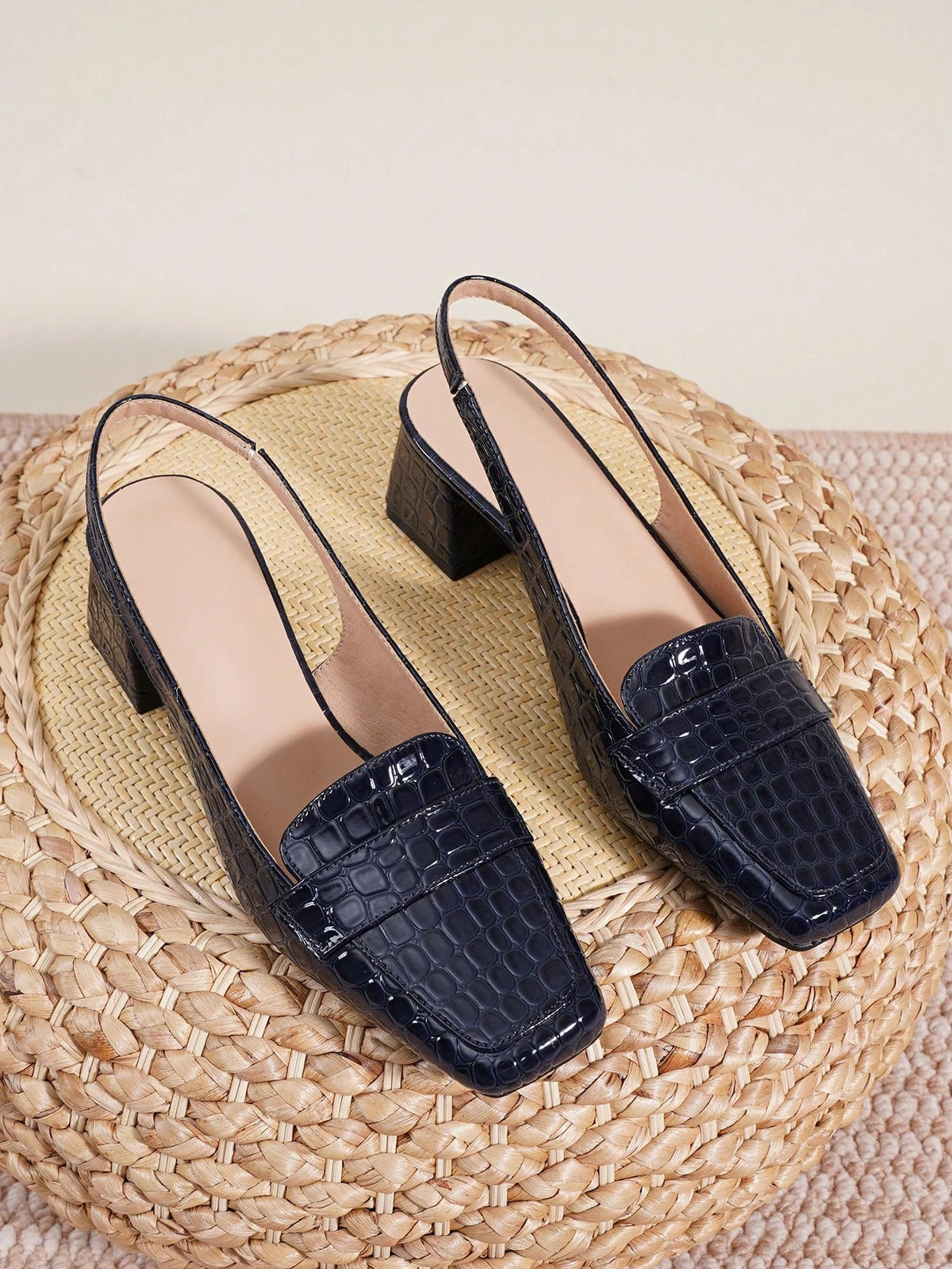 2025 New French Strap Chunky High Heel Closed Toe Sandals, Women Summer/Autumn Square Toe Backless Mid-Heel Shoes