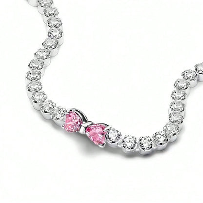 2025 Valentine New 925 Silver Pink Bow Full Diamond Bracelet Original 16-20CM Fit DIY Charm Women Birthday Jewelry Gifts