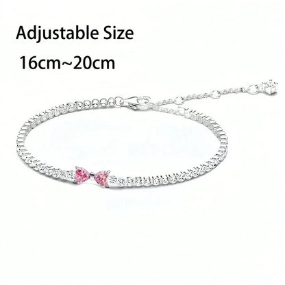 2025 Valentine New 925 Silver Pink Bow Full Diamond Bracelet Original 16-20CM Fit DIY Charm Women Birthday Jewelry Gifts