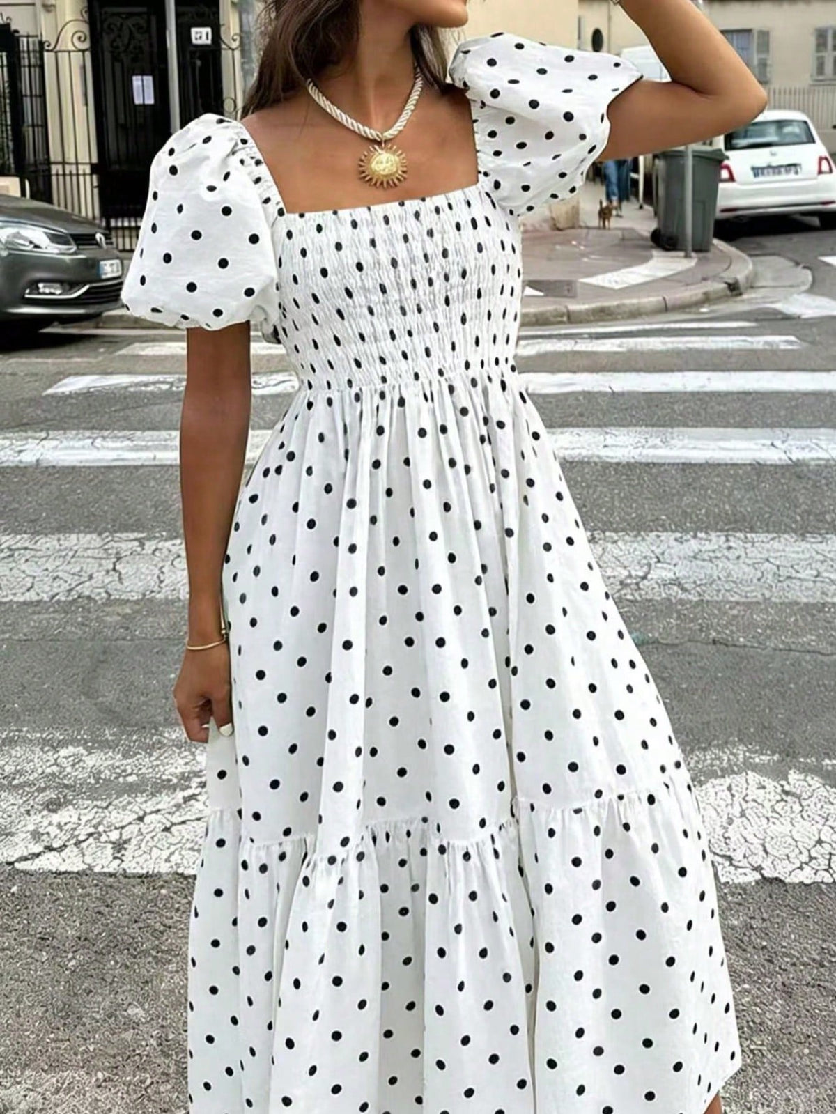 2026 Autumn Women's Plaid Elegant Bohemian Casual Elegant Outing Date Holiday Square Neck Puff Sleeve Ruffle Pleated Dress, Women's Dress, White