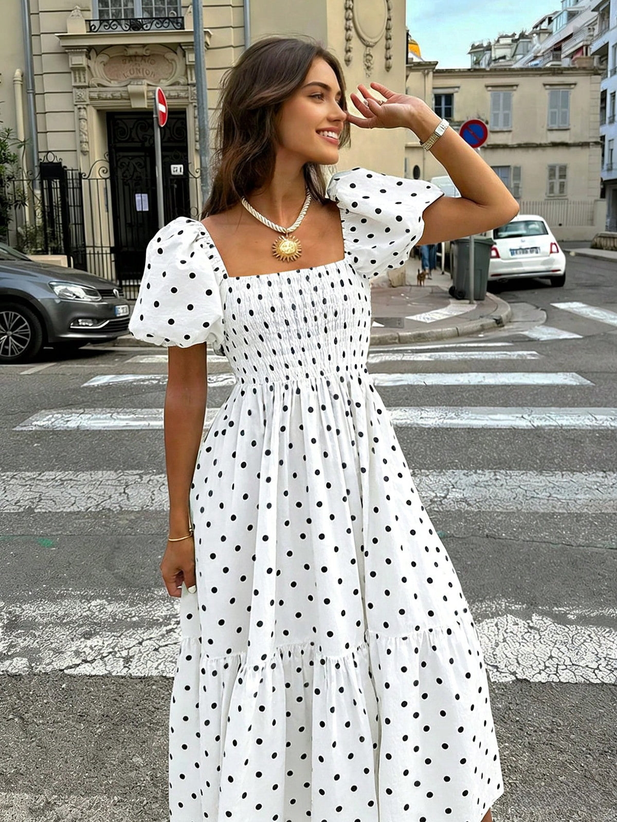 2026 Autumn Women's Plaid Elegant Bohemian Casual Elegant Outing Date Holiday Square Neck Puff Sleeve Ruffle Pleated Dress, Women's Dress, White