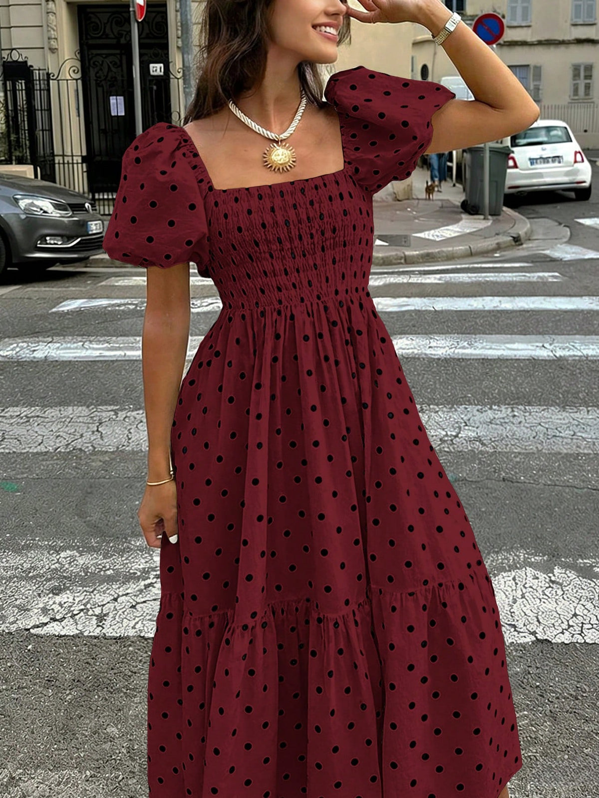 2026 Autumn Women's Plaid Elegant Bohemian Casual Elegant Outing Date Holiday Square Neck Puff Sleeve Ruffle Pleated Dress, Women's Dress, White