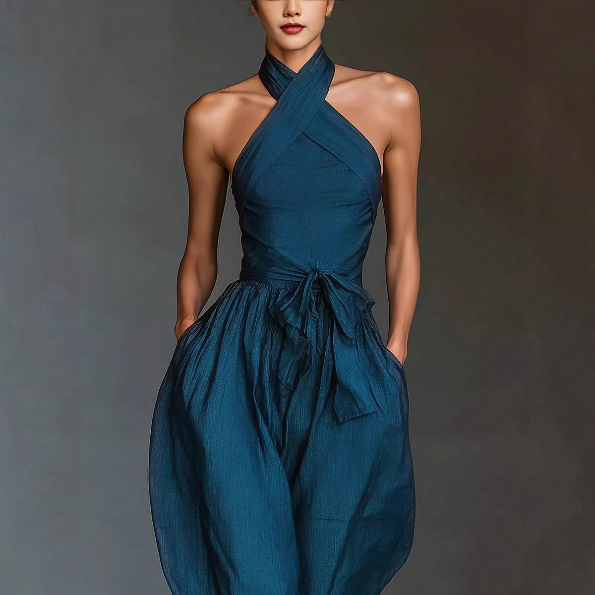 2026 New Linen Cross Cami Jumpsuit Women Tie Waist Wide Leg Casual Romper