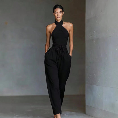 2026 New Linen Cross Cami Jumpsuit Women Tie Waist Wide Leg Casual Romper