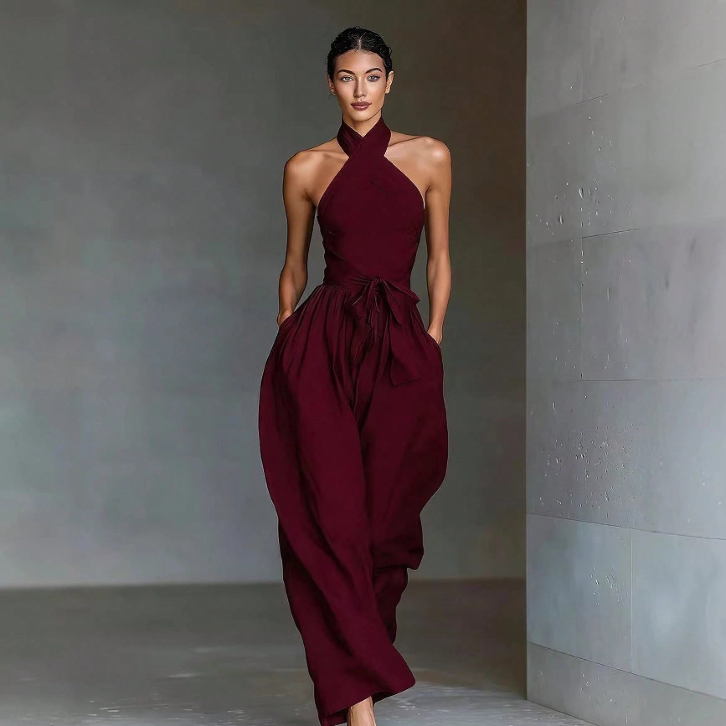 2026 New Linen Cross Cami Jumpsuit Women Tie Waist Wide Leg Casual Romper