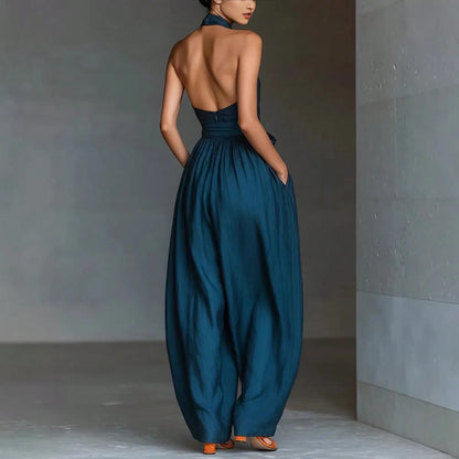 2026 New Linen Cross Cami Jumpsuit Women Tie Waist Wide Leg Casual Romper