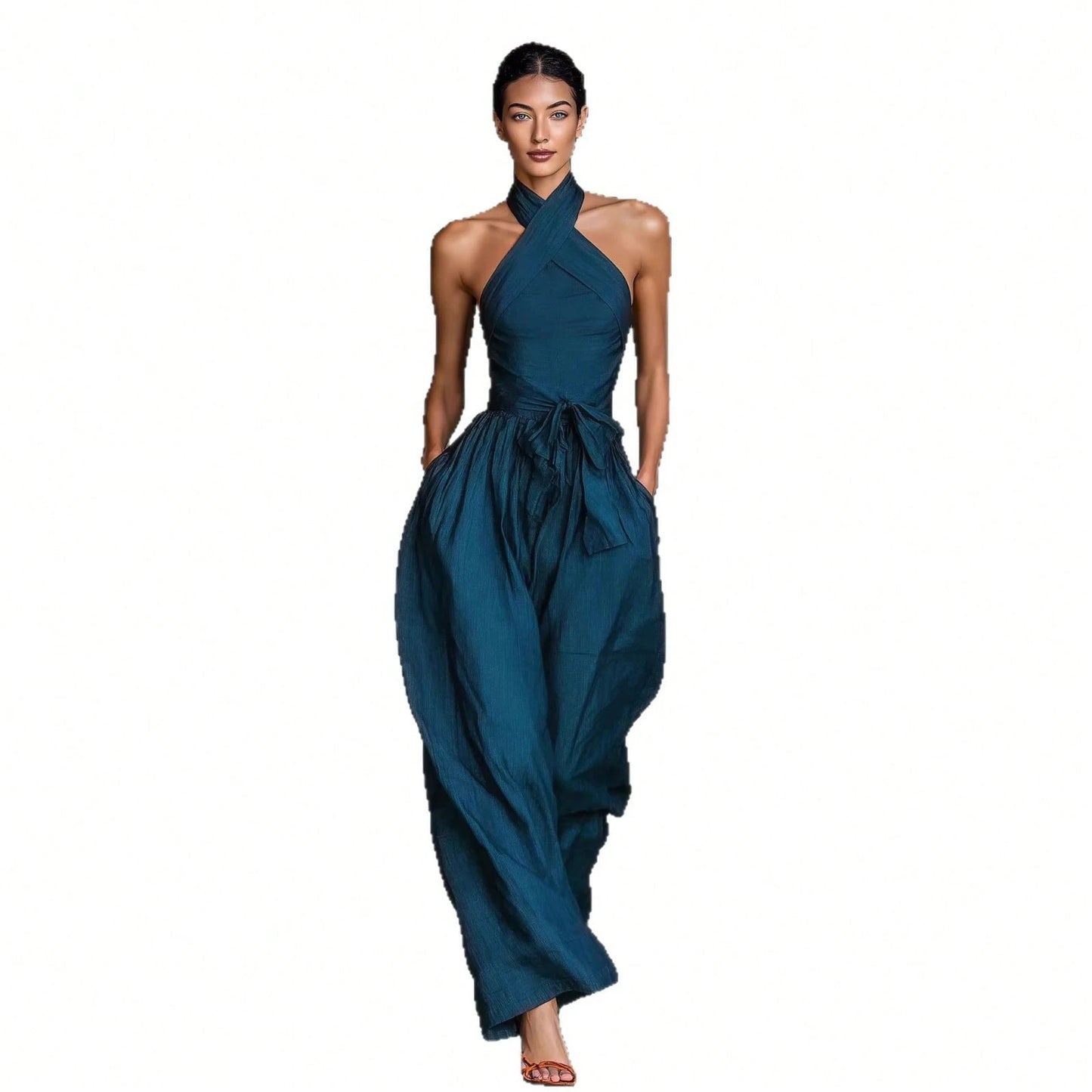 2026 New Linen Cross Cami Jumpsuit Women Tie Waist Wide Leg Casual Romper