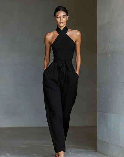 2026 New Linen Cross Cami Jumpsuit Women Tie Waist Wide Leg Casual Romper