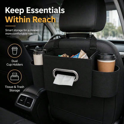 2026 New Multifunctional Car Seat Back Hanging Organizer, Polyester Plastic Storage Bag With Cup Holder Tissue Pocket Trash Bin Hooks, Car Interior Travel Storage Accessory