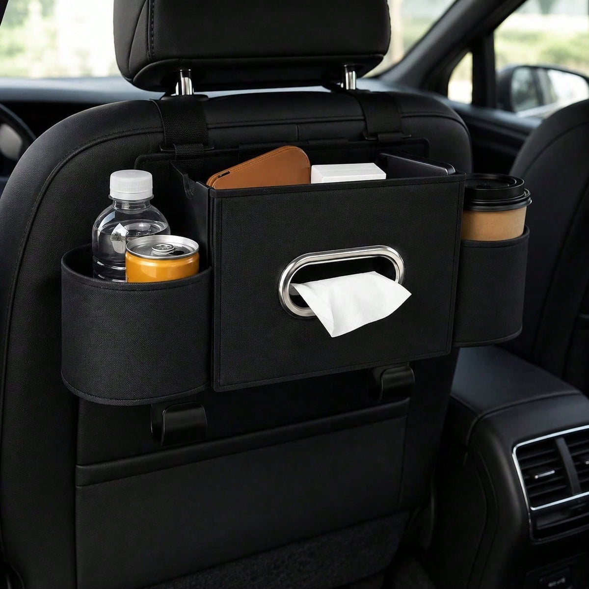 2026 New Multifunctional Car Seat Back Hanging Organizer, Polyester Plastic Storage Bag With Cup Holder Tissue Pocket Trash Bin Hooks, Car Interior Travel Storage Accessory