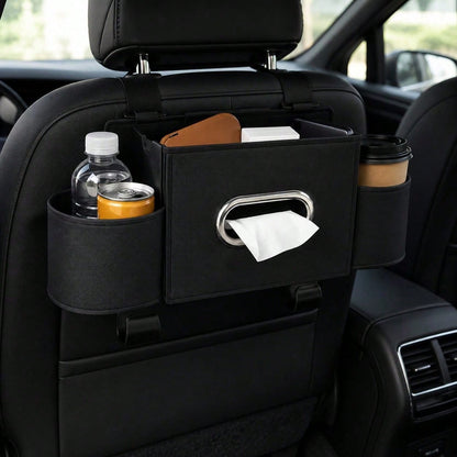 2026 New Multifunctional Car Seat Back Hanging Organizer, Polyester Plastic Storage Bag With Cup Holder Tissue Pocket Trash Bin Hooks, Car Interior Travel Storage Accessory