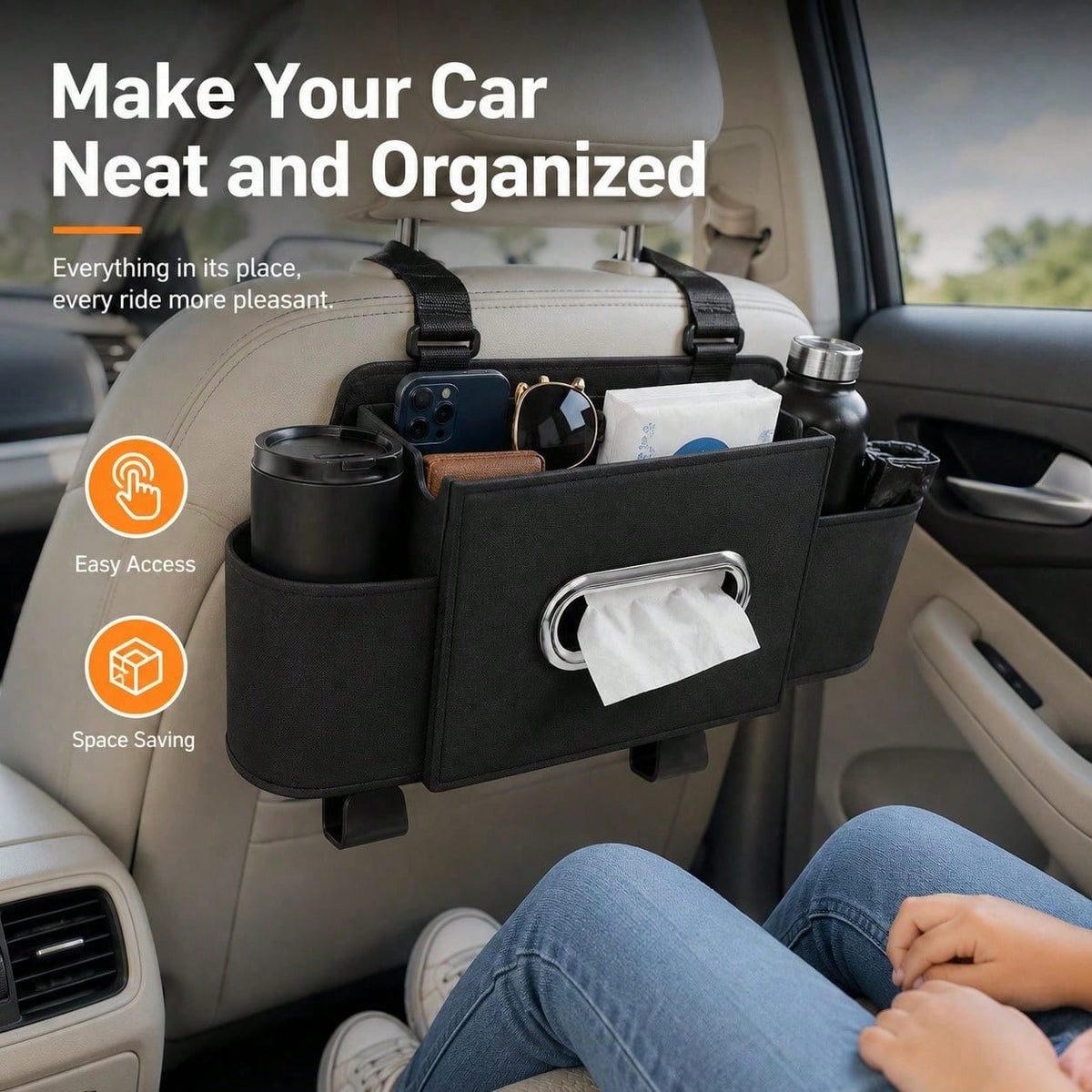 2026 New Multifunctional Car Seat Back Hanging Organizer, Polyester Plastic Storage Bag With Cup Holder Tissue Pocket Trash Bin Hooks, Car Interior Travel Storage Accessory