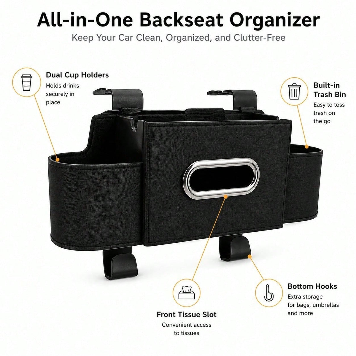 2026 New Multifunctional Car Seat Back Hanging Organizer, Polyester Plastic Storage Bag With Cup Holder Tissue Pocket Trash Bin Hooks, Car Interior Travel Storage Accessory