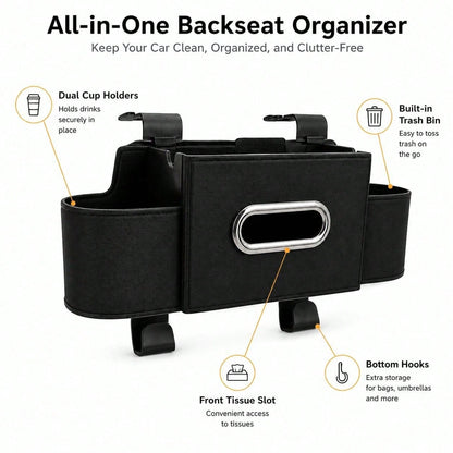 2026 New Multifunctional Car Seat Back Hanging Organizer, Polyester Plastic Storage Bag With Cup Holder Tissue Pocket Trash Bin Hooks, Car Interior Travel Storage Accessory