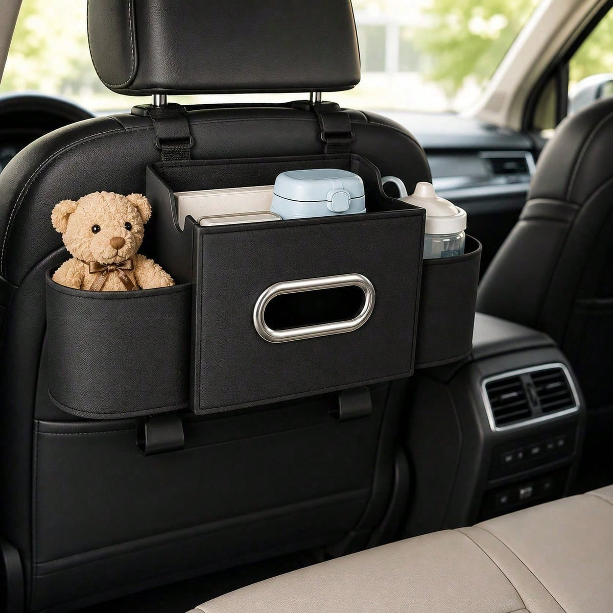 2026 New Multifunctional Car Seat Back Hanging Organizer, Polyester Plastic Storage Bag With Cup Holder Tissue Pocket Trash Bin Hooks, Car Interior Travel Storage Accessory