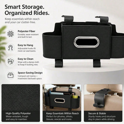 2026 New Multifunctional Car Seat Back Hanging Organizer, Polyester Plastic Storage Bag With Cup Holder Tissue Pocket Trash Bin Hooks, Car Interior Travel Storage Accessory