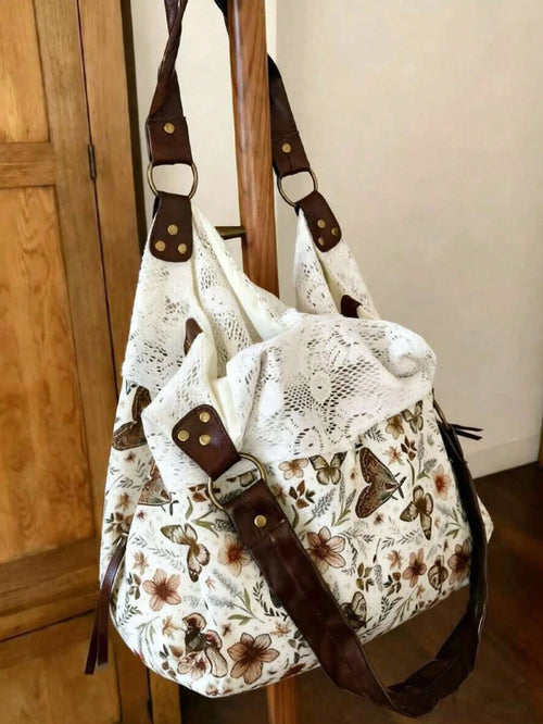 2026 New Summer Vintage Lace Floral Plaid Patchwork Tote Bag, Versatile Shoulder Handbag For Women