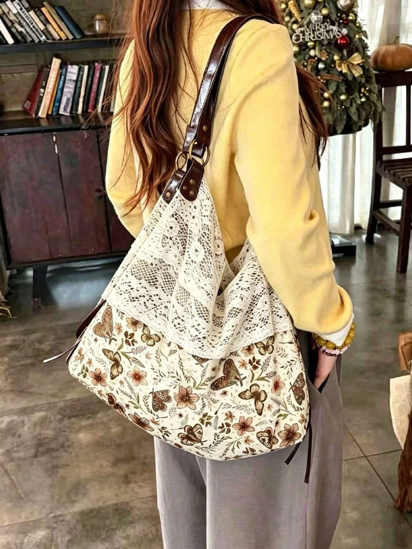 2026 New Summer Vintage Lace Floral Plaid Patchwork Tote Bag, Versatile Shoulder Handbag For Women