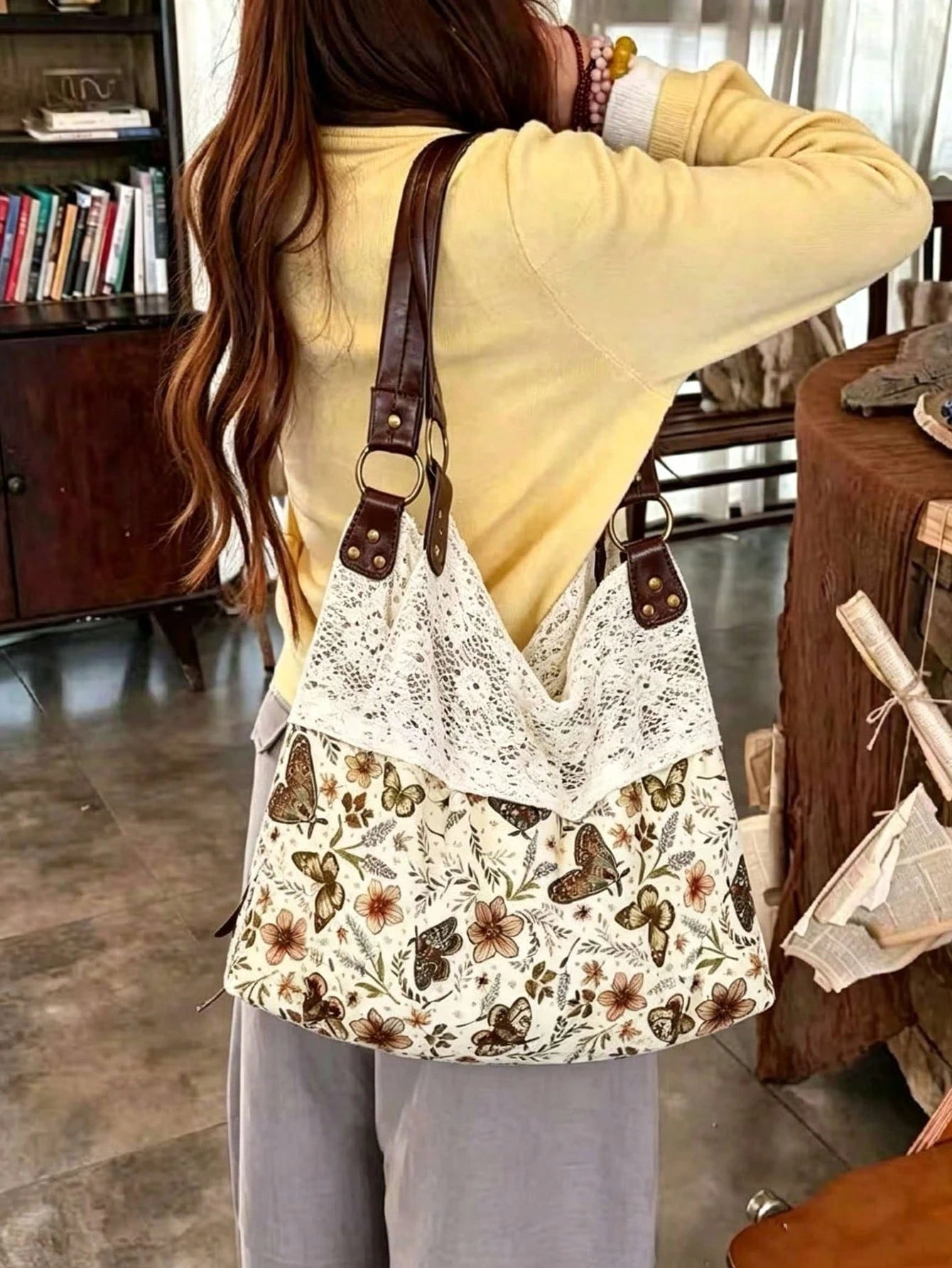 2026 New Summer Vintage Lace Floral Plaid Patchwork Tote Bag, Versatile Shoulder Handbag For Women