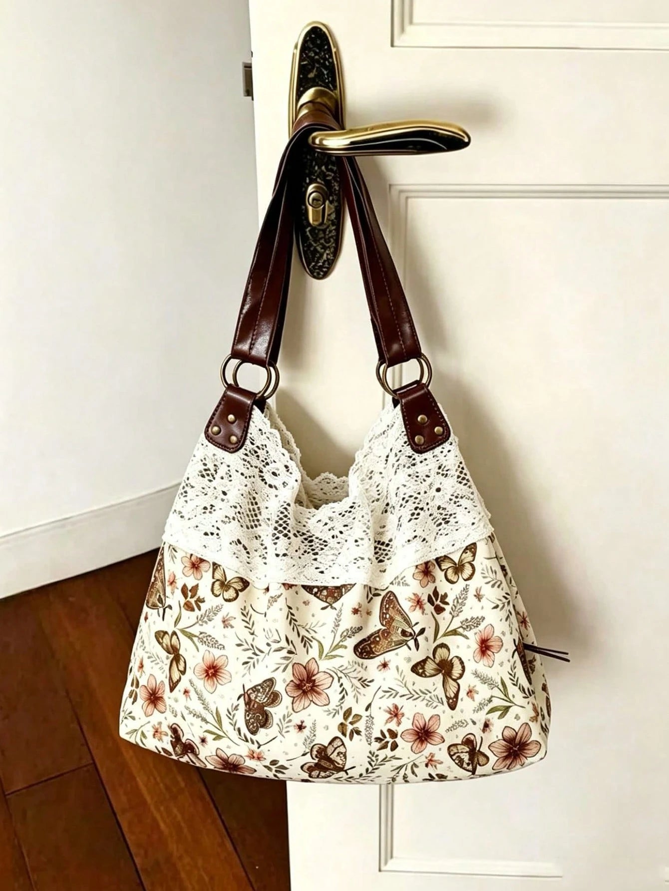 2026 New Summer Vintage Lace Floral Plaid Patchwork Tote Bag, Versatile Shoulder Handbag For Women