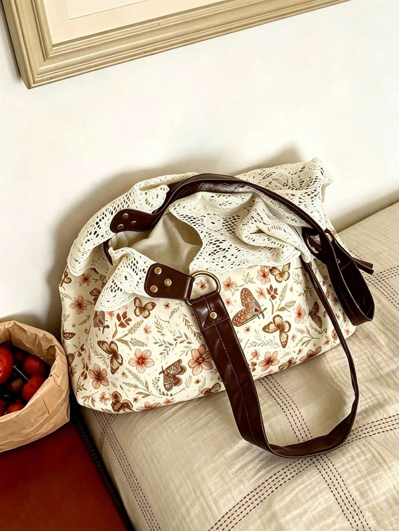 2026 New Summer Vintage Lace Floral Plaid Patchwork Tote Bag, Versatile Shoulder Handbag For Women