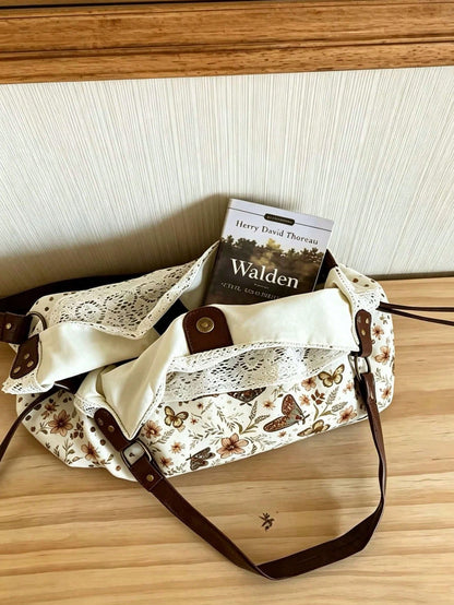 2026 New Summer Vintage Lace Floral Plaid Patchwork Tote Bag, Versatile Shoulder Handbag For Women
