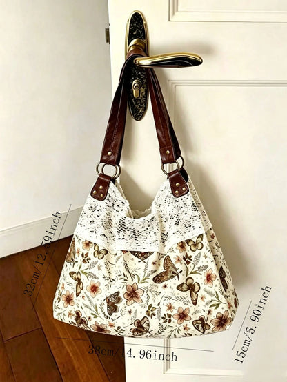 2026 New Summer Vintage Lace Floral Plaid Patchwork Tote Bag, Versatile Shoulder Handbag For Women