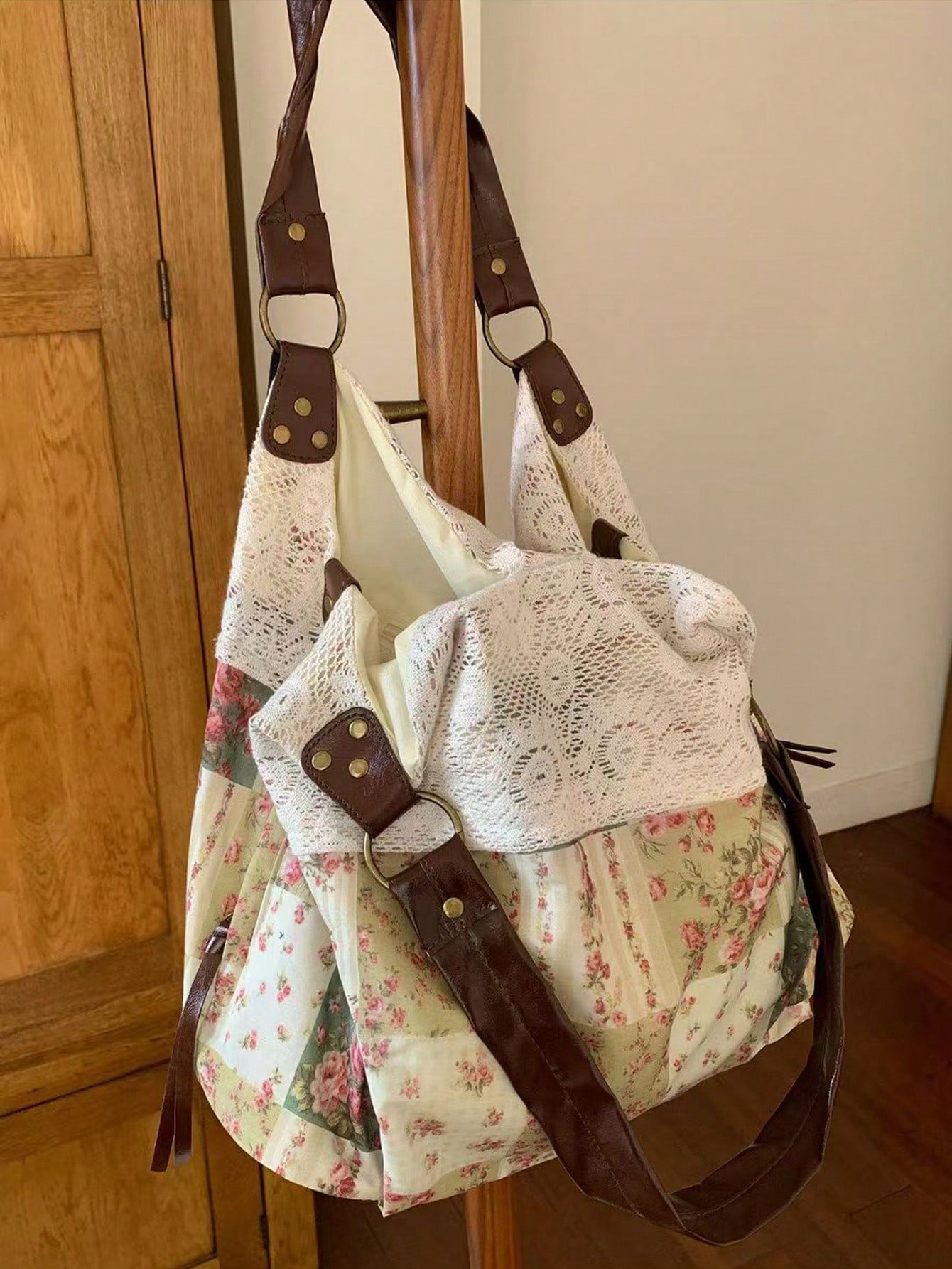 2026 New Summer Vintage Lace Floral Plaid Patchwork Tote Bag, Versatile Shoulder Handbag For Women