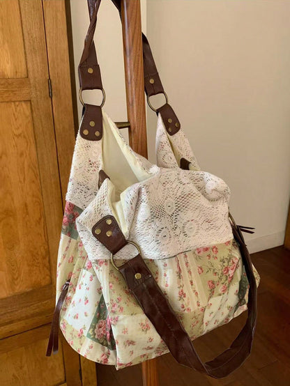 2026 New Summer Vintage Lace Floral Plaid Patchwork Tote Bag, Versatile Shoulder Handbag For Women