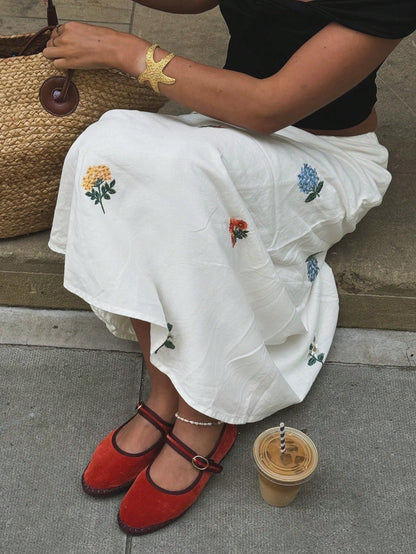 2026 Spring/Summer New Fashion White Floral Print Low-Waist Long A-Line Skirt, Elegant, Sexy, Suitable For Beach, Hawaii, Date, Party, Music Festival, Graduation Dance, Street, Commute, Y2K