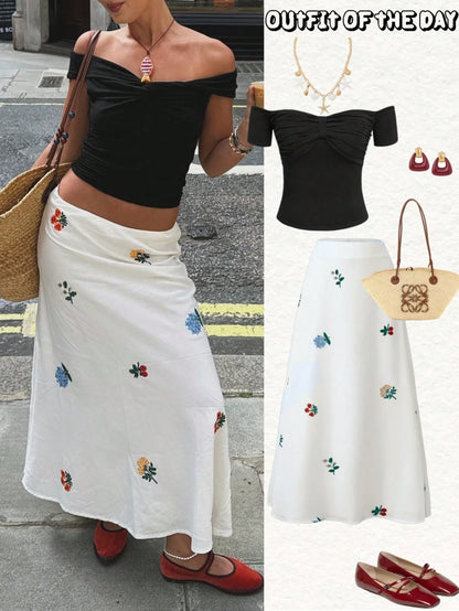 2026 Spring/Summer New Fashion White Floral Print Low-Waist Long A-Line Skirt, Elegant, Sexy, Suitable For Beach, Hawaii, Date, Party, Music Festival, Graduation Dance, Street, Commute, Y2K