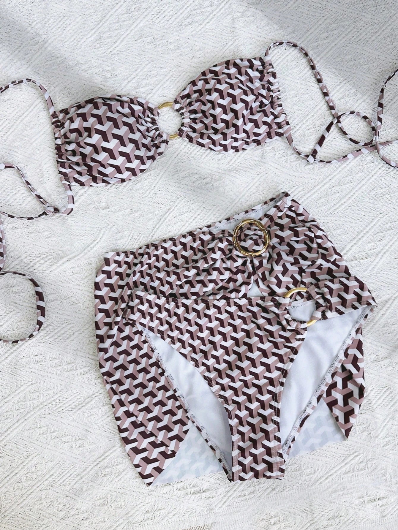 2026 Spring/Summer Women's Swimwear- Elegant Retro Sexy Decorative Asymmetrical Print Swimwear Top, Holiday/Beach Triangular Briefs, Sarong Bikini Beach Outfit Vacation