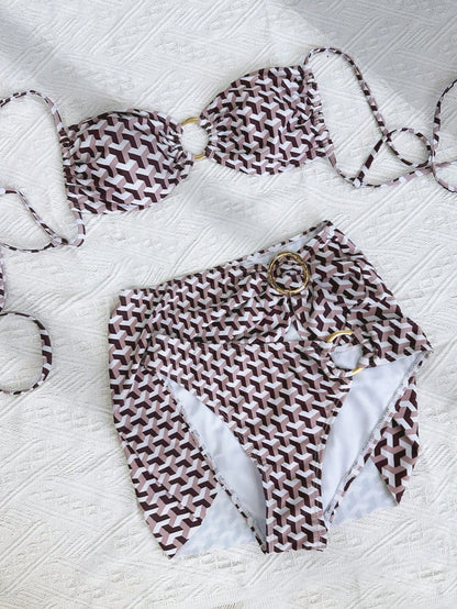 2026 Spring/Summer Women's Swimwear- Elegant Retro Sexy Decorative Asymmetrical Print Swimwear Top, Holiday/Beach Triangular Briefs, Sarong Bikini Beach Outfit Vacation