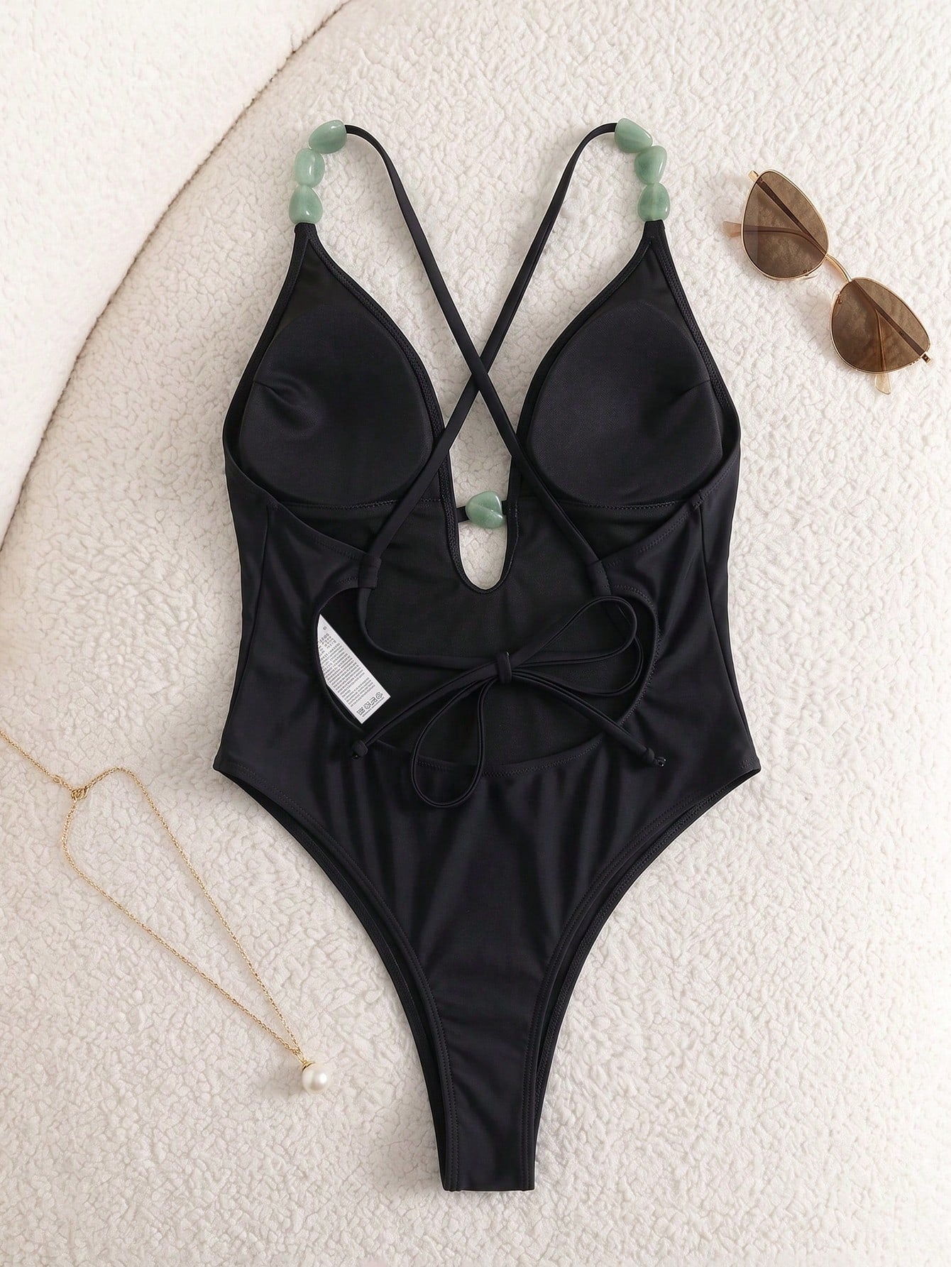 2026 Summer New Women's Swimwear, Women's Summer Vacation Beach Outfit, Deep V-Neck Spaghetti Strap One-Piece Swimsuit With Green Beaded Detail Black